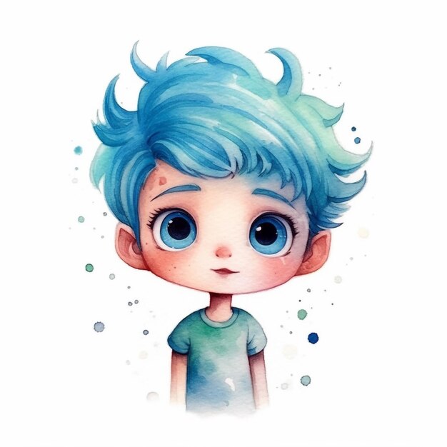 Um desenho em aquarela de um menino com cabelo azul e uma camisa azul.