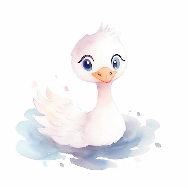 Um desenho em aquarela de um pato branco com olhos azuis.