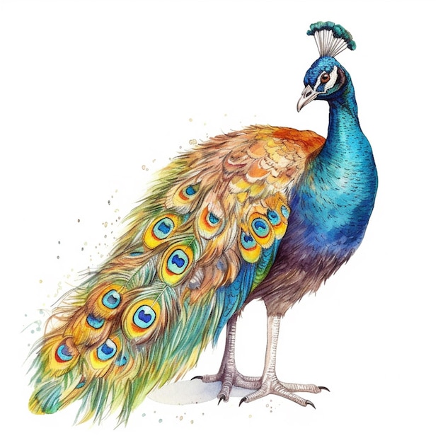 Um desenho em aquarela de um pavão com uma cauda azul.