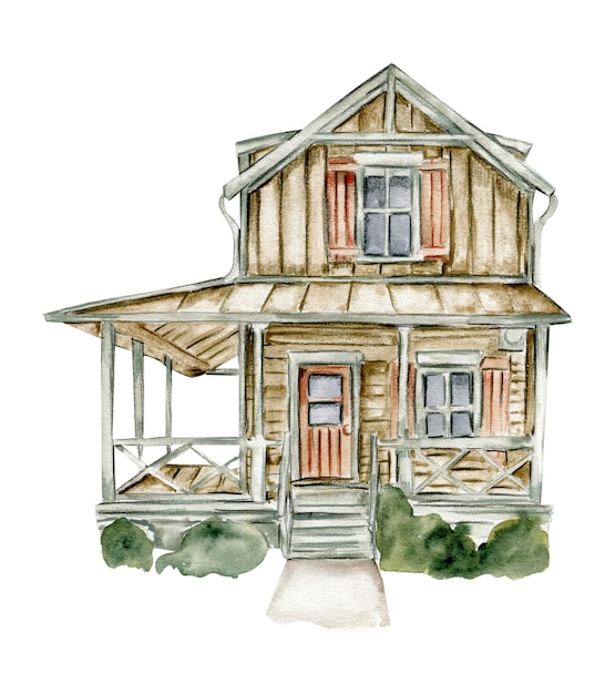 Um desenho em aquarela de uma casa com uma varanda e as palavras a casa na frente