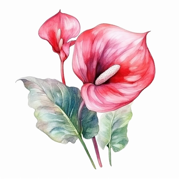 Um desenho em aquarela de uma flor com uma flor rosa.