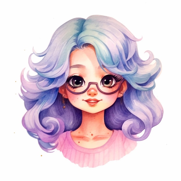 Um desenho em aquarela de uma garota com cabelo azul e óculos.