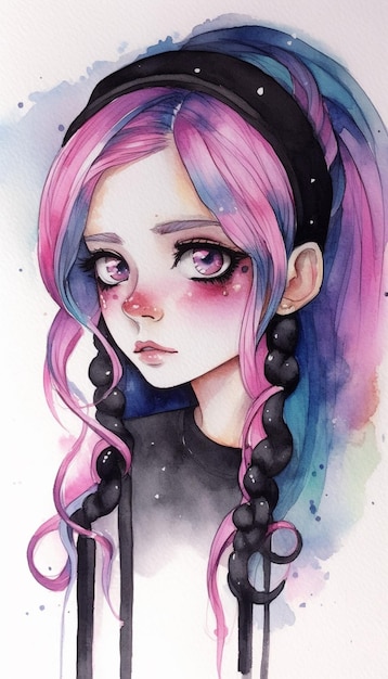 Um desenho em aquarela de uma garota com cabelo azul e rosa e cabelo rosa e roxo.