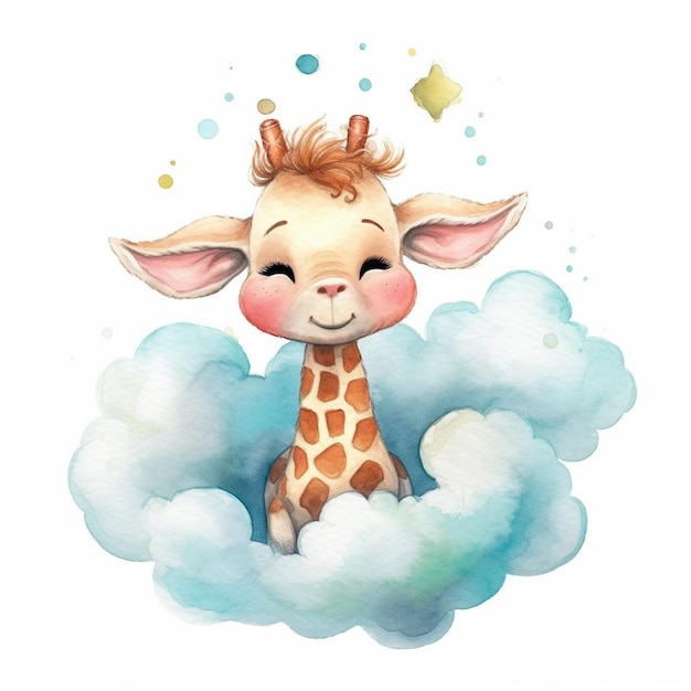 Um desenho em aquarela de uma girafa com nuvens