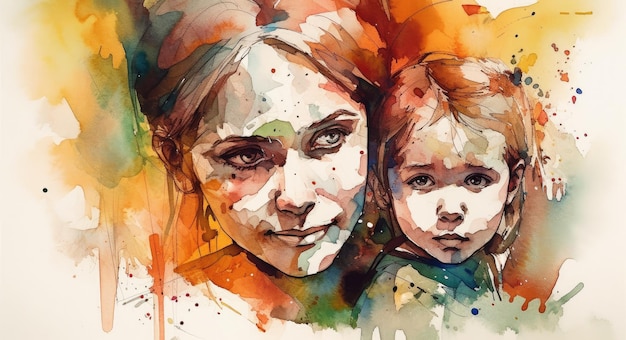 Um desenho em aquarela de uma ilustração de mãe e filho juntos com ai generativa