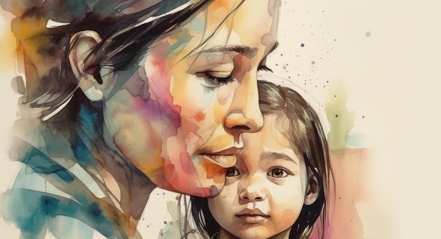 Um desenho em aquarela de uma ilustração de mãe e filho juntos com ai generativa