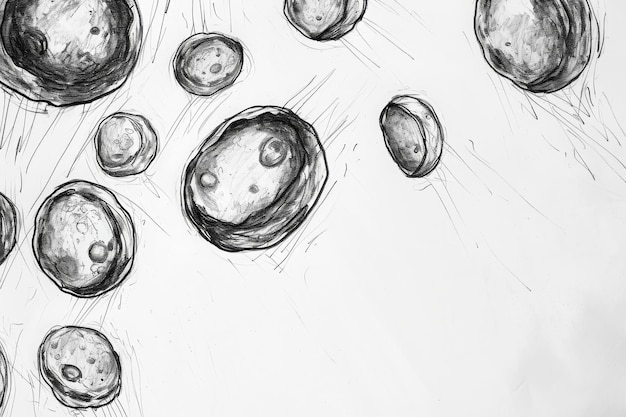 Um desenho em preto e branco com um grupo de bolas apertadamente embaladas Esboço desenhado à mão de células sanguíneas em branco e preto Gerado por IA