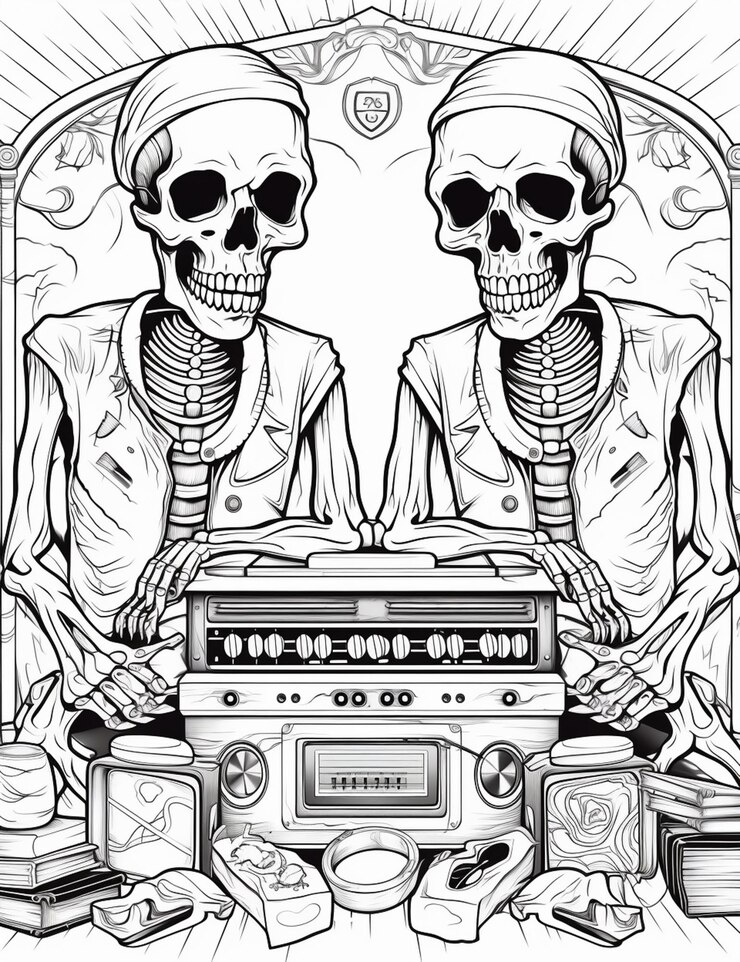 Foto um desenho em preto e branco de dois esqueletos tocando um sistema de música generativo ai