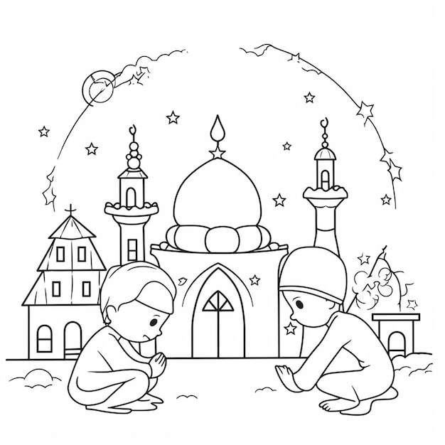 Foto um desenho em preto e branco de duas crianças ajoelhadas na frente de uma mesquita
