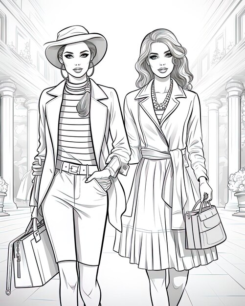 Foto um desenho em preto e branco de duas mulheres caminhando em um prédio com uma bolsa e uma bolsa