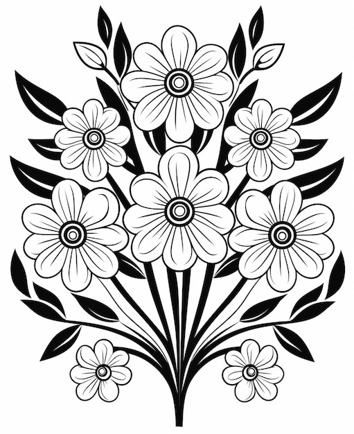 um desenho em preto e branco de flores com folhas generativas ai