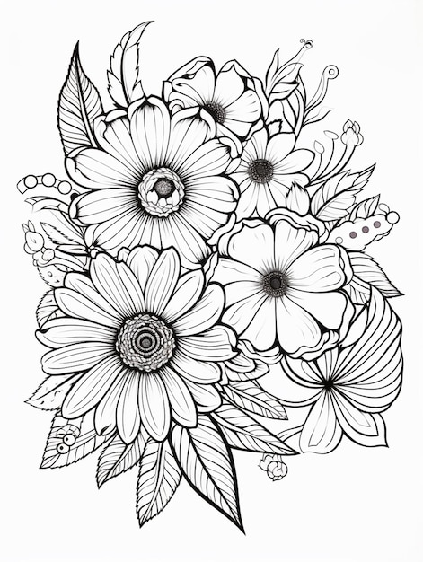 um desenho em preto e branco de flores com folhas generativas ai