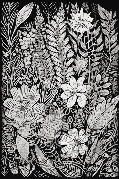 Um desenho em preto e branco de flores e folhas.