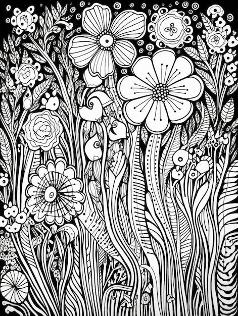 um desenho em preto e branco de flores e plantas em um fundo preto ai generativo