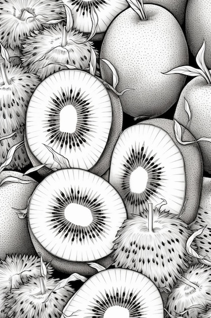 um desenho em preto e branco de kiwis e maçãs generativo ai