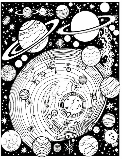 um desenho em preto e branco de planetas e estrelas generativ ai