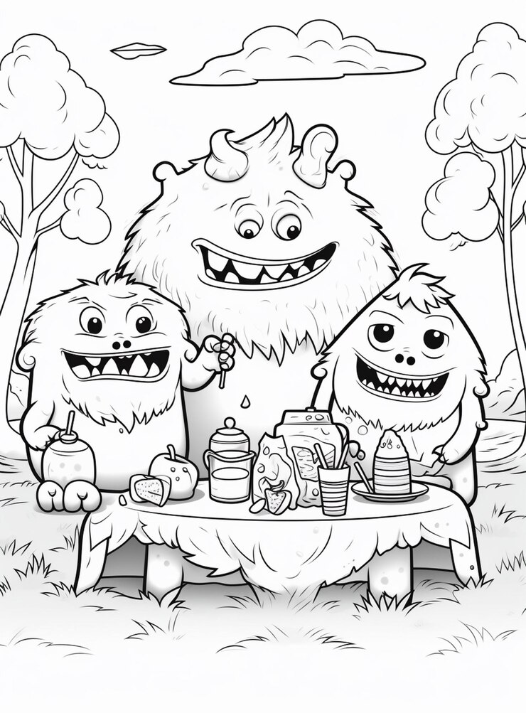 Foto um desenho em preto e branco de três monstros sentados em uma mesa ai generative