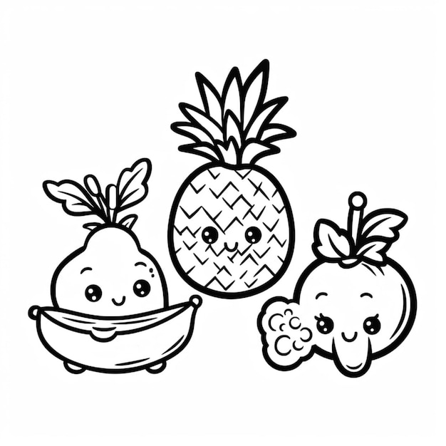 Foto um desenho em preto e branco de um abacaxi e uma fruta generativa ai