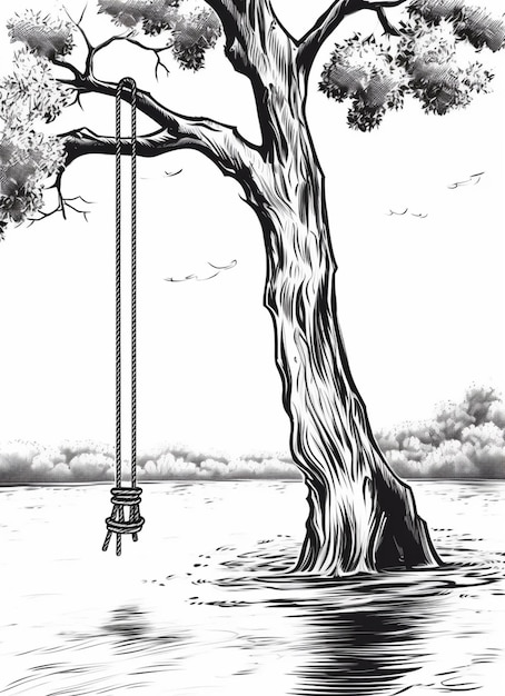 um desenho em preto e branco de um balanço pendurado em uma árvore generativa ai