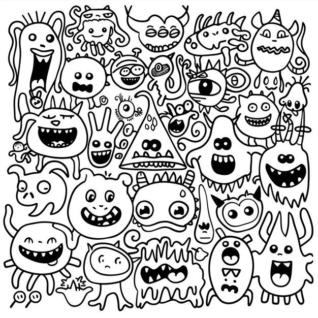 um desenho em preto e branco de um bando de monstros generativo ai