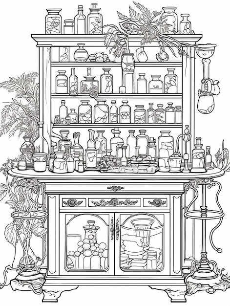 um desenho em preto e branco de um bar com garrafas e plantas IA generativa