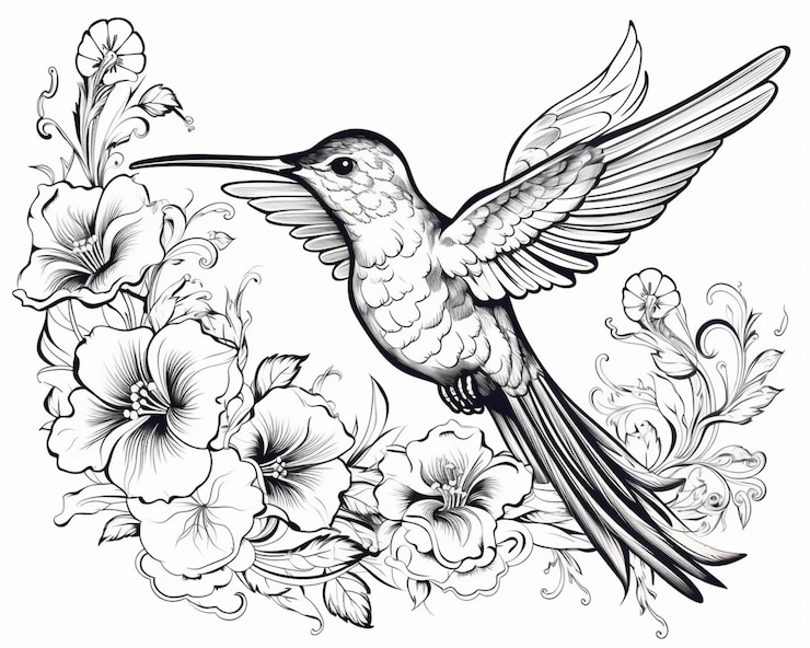 Foto um desenho em preto e branco de um beija-flor com flores generativas ai