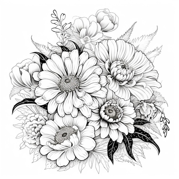um desenho em preto e branco de um buquê de flores generativas ai