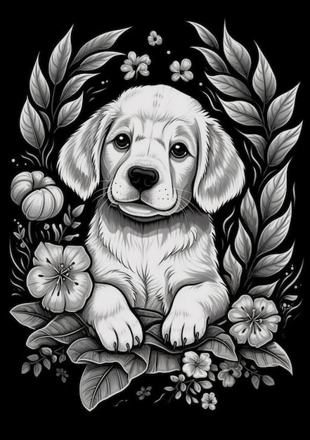 um desenho em preto e branco de um cachorro cercado por flores generativas ai