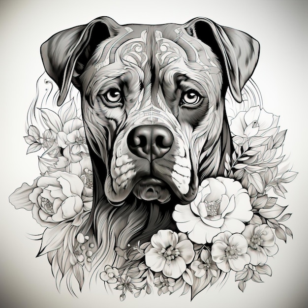 Foto um desenho em preto e branco de um cachorro com flores e uma foto de um cachorro com flores