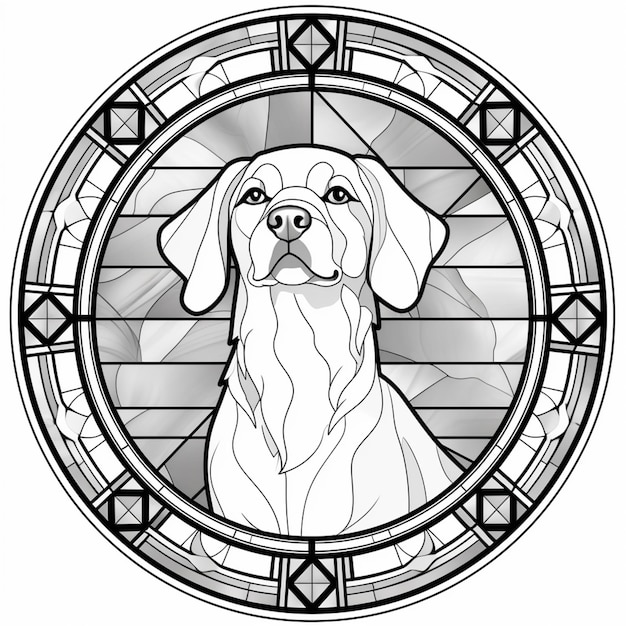 um desenho em preto e branco de um cachorro em um vitral generativo ai