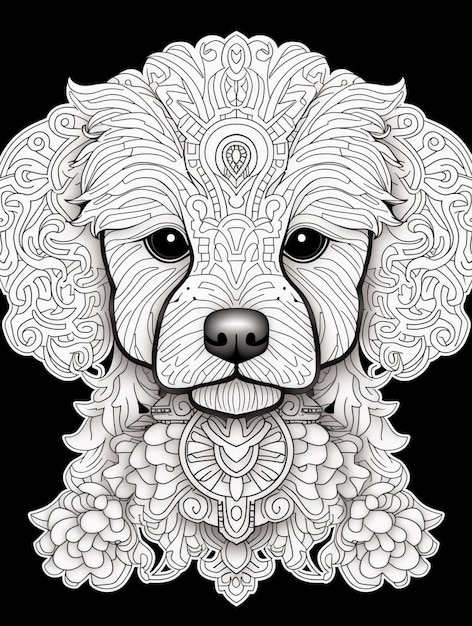 um desenho em preto e branco de um cachorro poodle com um padrão floral generativo ai