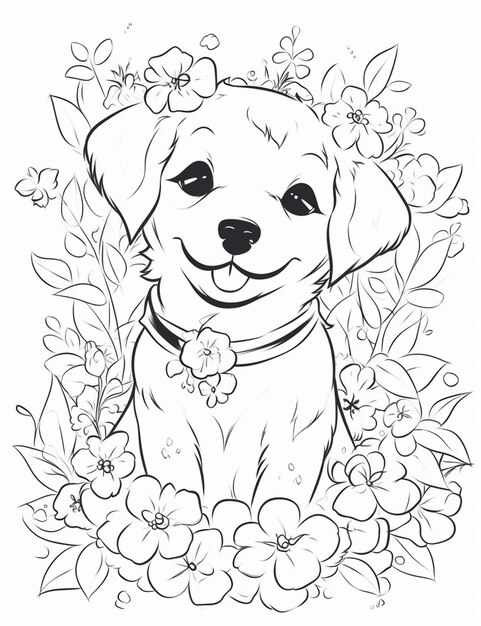 Foto um desenho em preto e branco de um cão cercado por flores