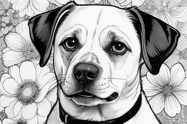 Foto um desenho em preto e branco de um cão com um fundo florido