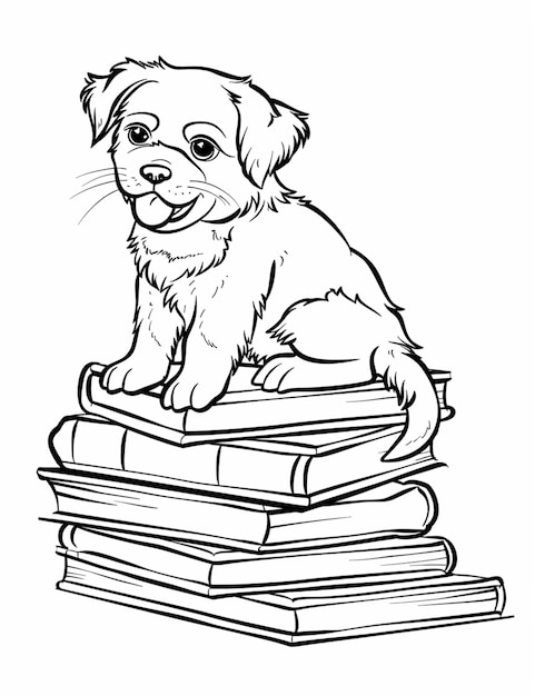 um desenho em preto e branco de um cão sentado em uma pilha de livros