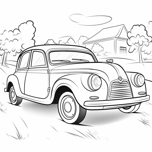 um desenho em preto e branco de um carro em uma área rural