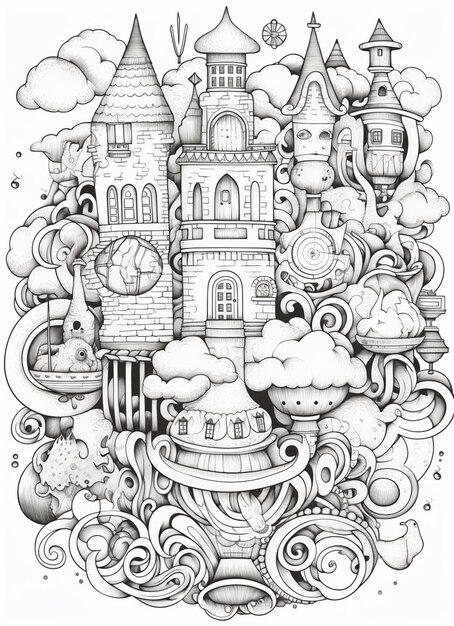 um desenho em preto e branco de um castelo cercado por nuvens generativas ai