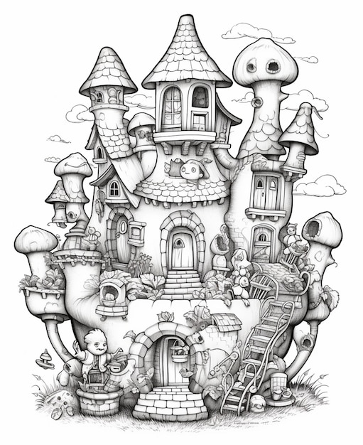 um desenho em preto e branco de um castelo com muitos cogumelos generative ai
