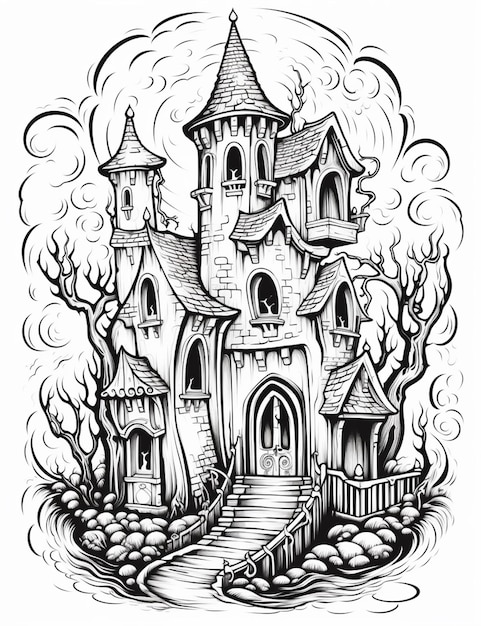 Foto um desenho em preto e branco de um castelo com uma escada que leva a ele