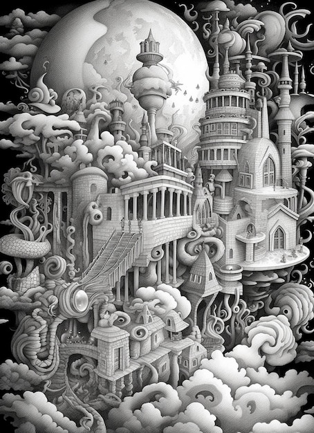um desenho em preto e branco de um castelo nas nuvens IA generativa