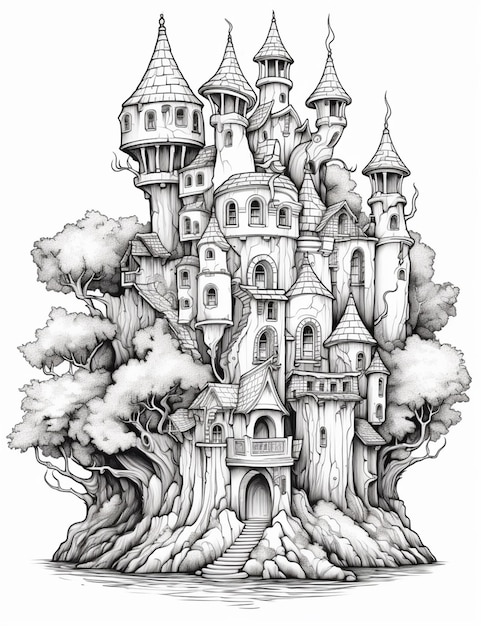 um desenho em preto e branco de um castelo no meio de uma árvore generativa ai