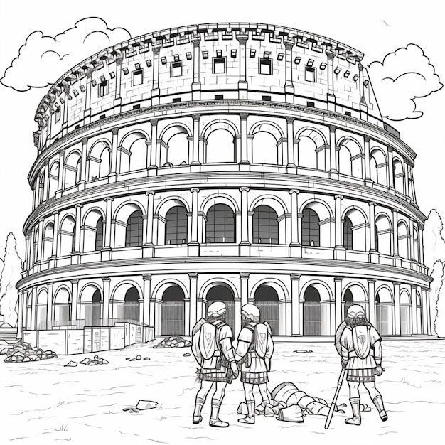 um desenho em preto e branco de um colossão romana com pessoas generativas ai