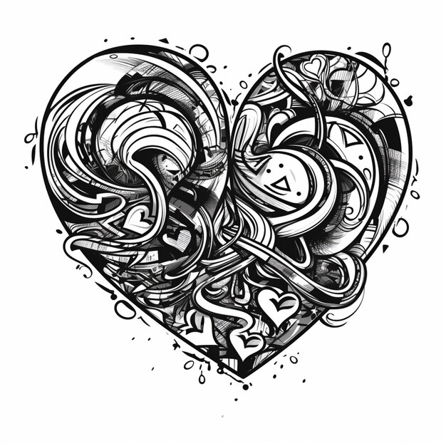 um desenho em preto e branco de um coração com redemoinhos e redemoinhos generativos ai