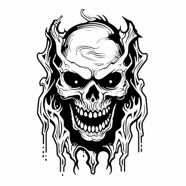um desenho em preto e branco de um crânio com chamas generativas ai