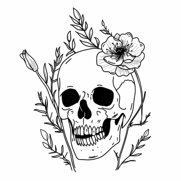 um desenho em preto e branco de um crânio com uma flor na boca