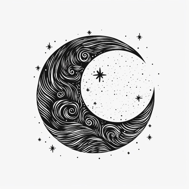 um desenho em preto e branco de um crescente com estrelas generativo ai