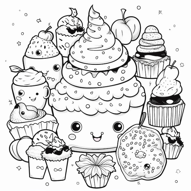 um desenho em preto e branco de um cupcake com muitas coberturas diferentes