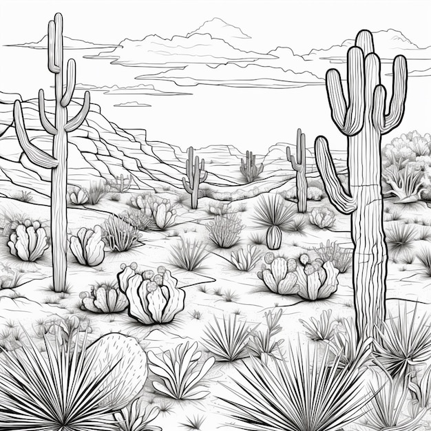 Cactos no deserto. desenho de tinta preto e branco