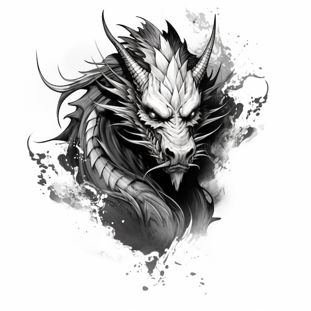 um desenho em preto e branco de um dragão com uma cabeça grande geradora de IA