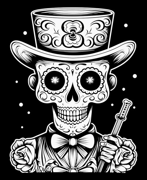 um desenho em preto e branco de um esqueleto com uma cartola e uma faca generativa ai