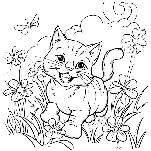 Foto um desenho em preto e branco de um gato caminhando por um campo de flores página de colorir para crianças